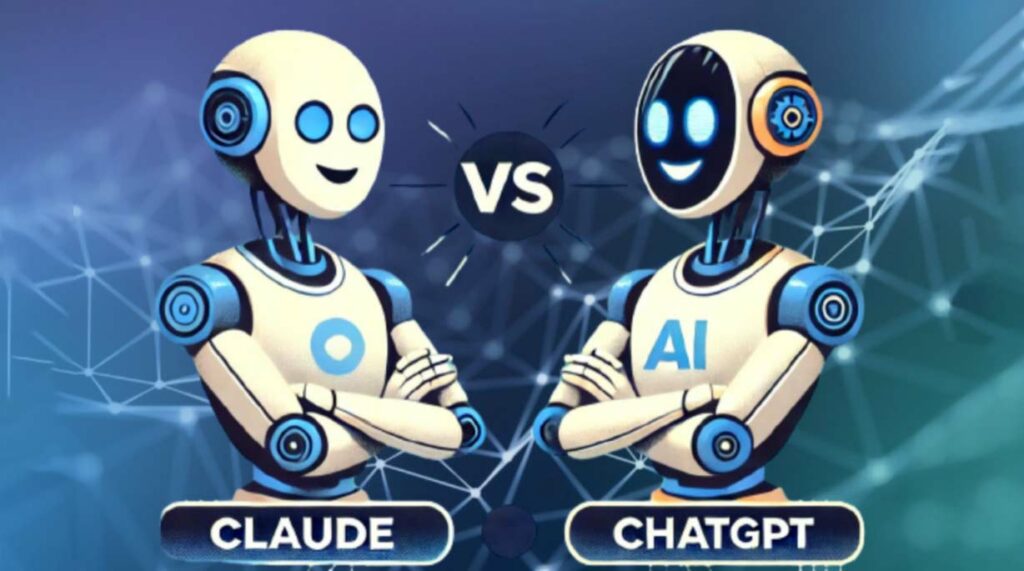 På fotot avbildas Claude och ChatGPT som två robotar i en visualiserad tävling, symboliserande en jämförelse eller utmaning mellan de två AI-teknologierna.