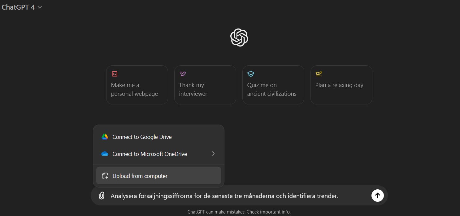 På fotot avbildas ChatGPT 4.0 med alternativ för att ansluta till olika molntjänster som Google Drive och Microsoft OneDrive, vilket underlättar datadelning och analys.