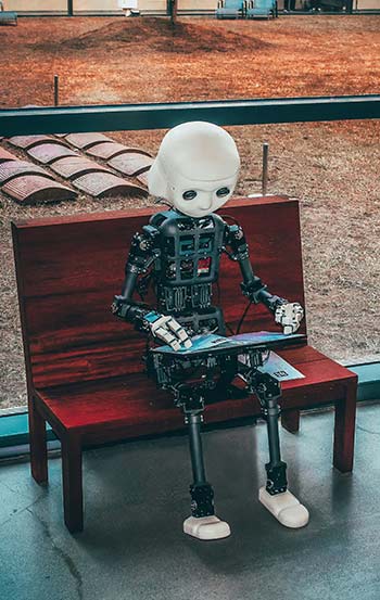 På fotoet visas en robot som sitter på en bänk och använder en bärbar dator. Maximalt av ChatGPT