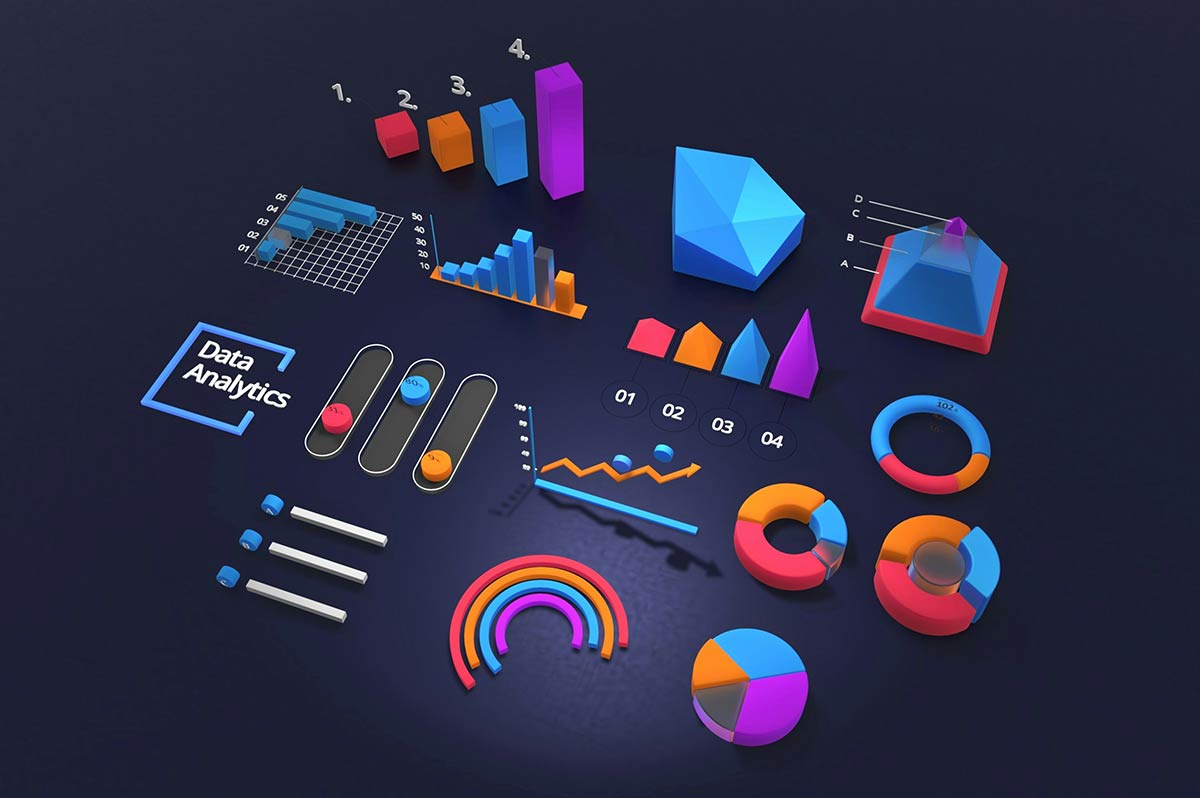 På fotot visas en uppsättning av dataanalysverktyg och infographics, inklusive stapeldiagram och cirkeldiagram i en levande och färgrik presentation, vilket representerar olika aspekter av datavisualisering och analys.