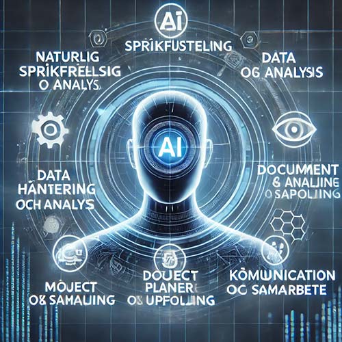 På fotot visas en framtidsteknologi med en AI-robot, vars hologram är omgivet av ikoner och texter som representerar dess olika förmågor på svenska, såsom 'Naturlig Språkförståelse' och 'Datahantering'.