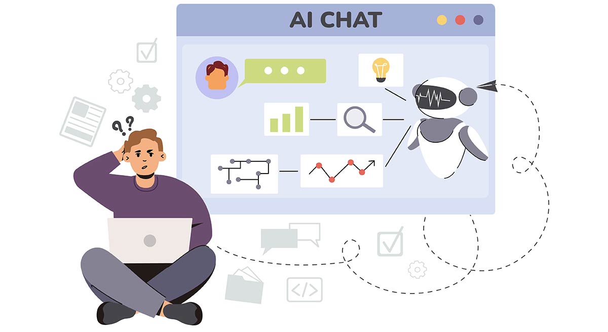 På bilden syns en man som använder en laptop med ett AI-chattfönster där en robot tillhandahåller information och analyserar data, vilket illustrerar användningen av AI för att prompta.