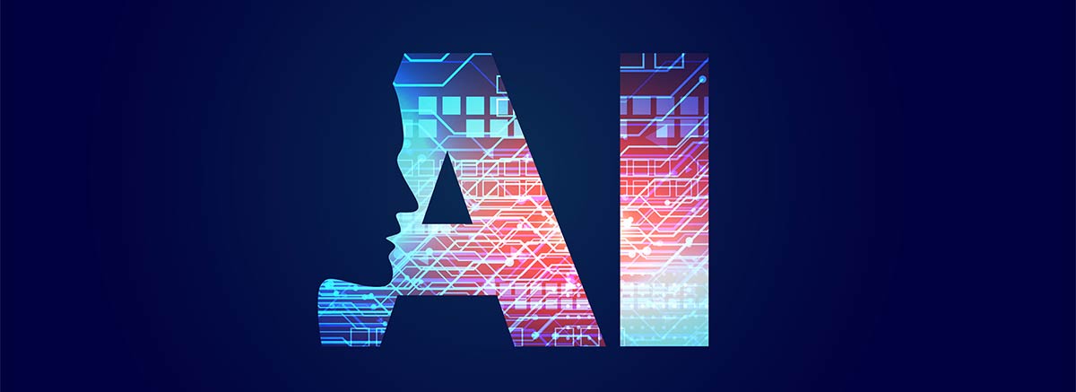 På bilden visas en kreativ och färgrik representation av bokstäverna "AI" där bokstaven "A" är formad som en mänsklig profil. Detta konstverk symboliserar den integrerade rollen av artificiell intelligens inom projektledning
