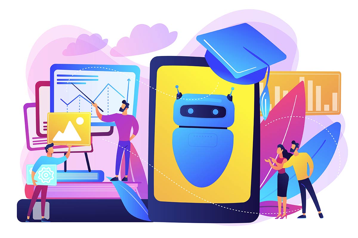På bilden ses en grupp människor som interagerar med digitala gränssnitt och en robot, perfekt lämpad för studier på en AI-kurs