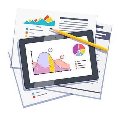 På bilden visas en modern och digitaliserad rapporteringsprocess där interaktiva dashboards och grafer synkroniseras i realtid för att effektivisera affärsanalys och rapportering.