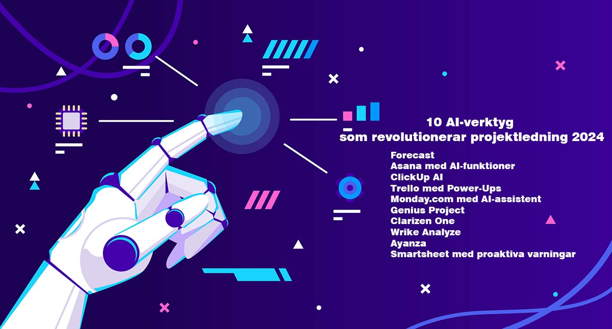På bilden visas en futuristisk illustration av 10 AI-verktyg som revolutionerar projektledning 2024, inklusive verktyg som Forecast, Asana med AI-funktioner, och Monday.com med AI-assistent, i en levande och teknologiskt avancerad miljö