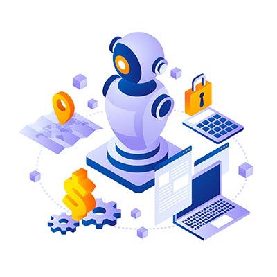 bilden visas en dynamisk illustration av AI-teknologi som stöder budgethantering, där en robot integrerar med ekonomiska ikoner som symboliserar ekonomisk analys och säkerhet.