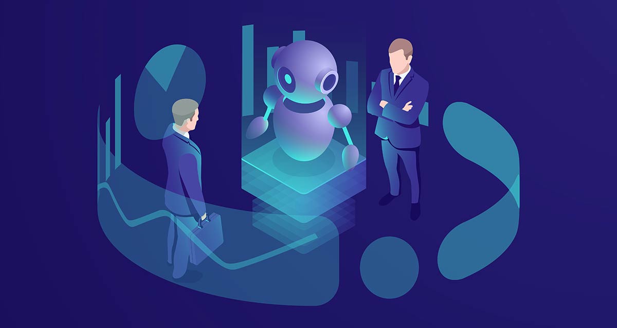 På bilden visas en modern arbetsmiljö inom projektledning där två affärsmän, en stående och en gående, interagerar med en AI-robot. Detta symboliserar integrationen av avancerad teknologi i projektledning