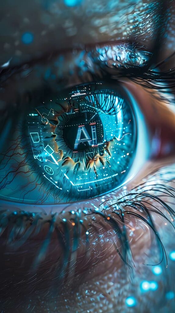 På bilden visas en detaljerad och futuristisk bild av ett öga med integrerade AI-verktyg och digitala kretsar som reflekterar konceptet med AI som en del av mänsklig perception och interaktion