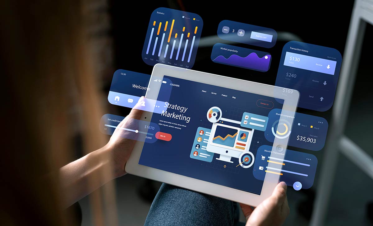 På bilden visas en modern och digitaliserad rapporteringsprocess där interaktiva dashboards och grafer synkroniseras i realtid för att effektivisera affärsanalys och rapportering.