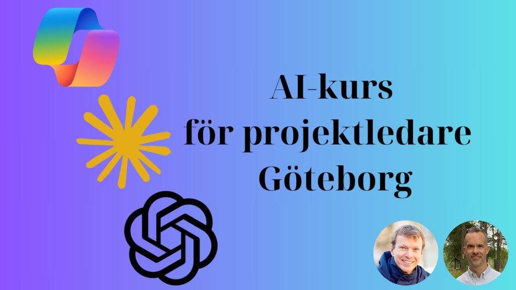 Reklambild för AI-kurs för projektledare i Göteborg med färgglada abstrakta former och logotyper. Två porträtt av kursledarna Daniel och Mattias visas mot en blå bakgrund.
