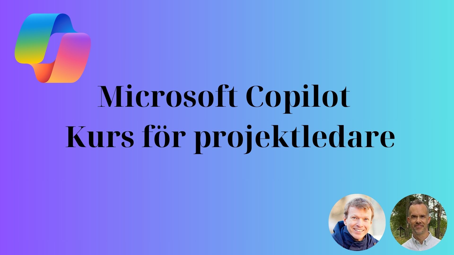 Logotyp för Microsoft Copilot Kurs för projektledare, som visar en stiliserad oändlighetssymbol i flera färger, med texten 'Microsoft Copilot Kurs för projektledare' på en blå bakgrund till höger.