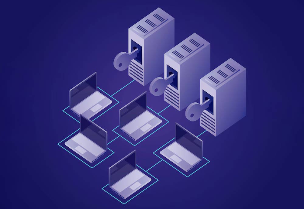 Isometrisk illustration av ett nätverk med server- och datalagringsenheter som är anslutna till flera datorer, symboliserande konceptet datalagringsplats i Europa