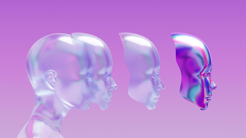 Holografisk representation av tre genomskinliga ansiktsmodeller i profil, visar utvecklingen inom AI-modeller. Varje modell framstår med ökad detaljnivå från vänster till höger mot en lila bakgrund, vilket illustrerar framstegen och komplexiteten i modern AI-teknik.