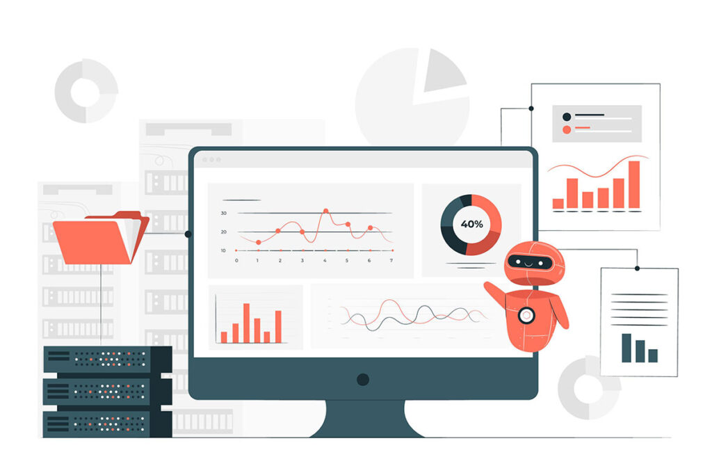 Infografik som illustrerar användningen av AI i projektledning, inklusive en robot, diagram och grafer på en datorskärm, inom kursen 'Så fungerar AI för projektledare'