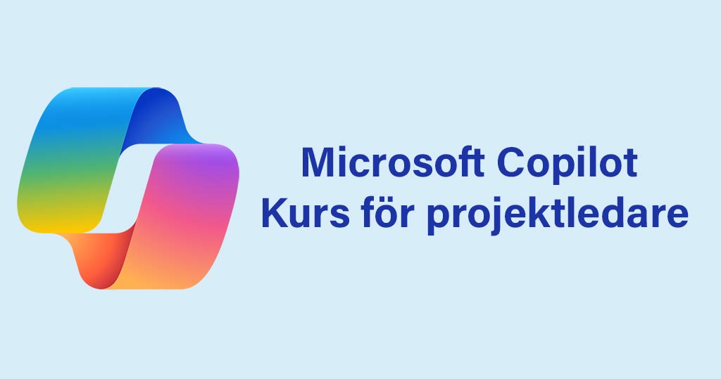 Logotyp för kursen 'Microsoft Copilot för projektledare' med en stiliserad oändlighetssymbol i flerfärgat utförande och text på en ljus bakgrund.