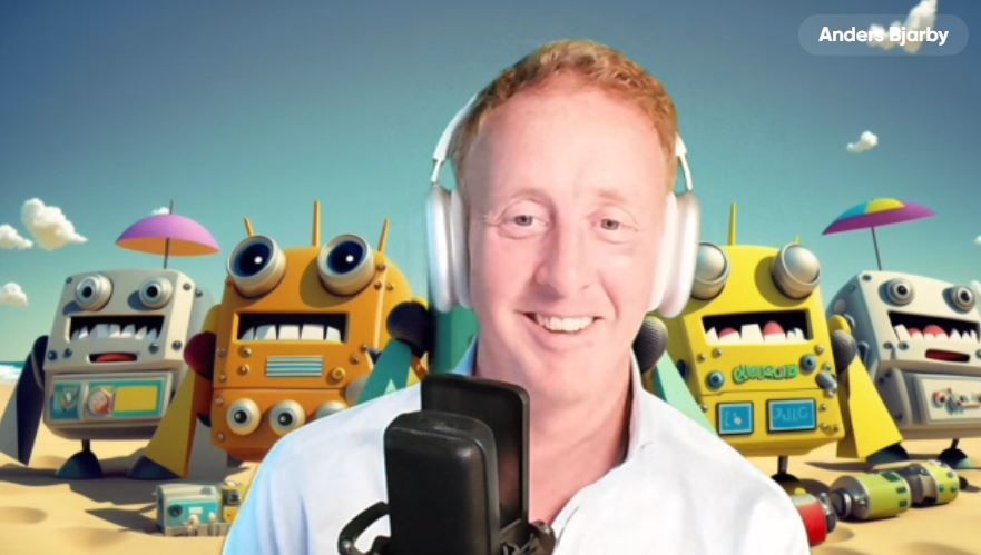 Anders Bjärby med AI-robotar i bakgrunden diskuterar ChatGPT och AI-verktyg för projektledare