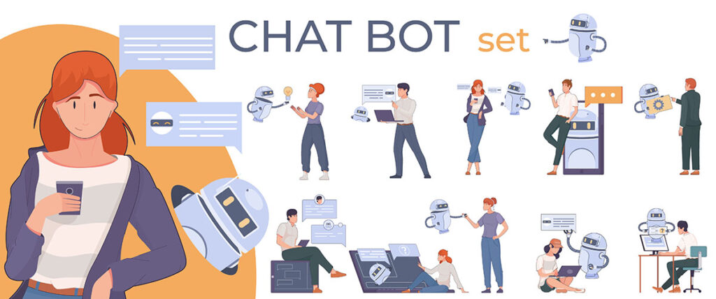 Illustration av människor som interagerar med AI-chattbotar på olika sätt – symboliserar hur 700 miljoner användare dagligen kommunicerar med ChatGPT för arbete och privatliv