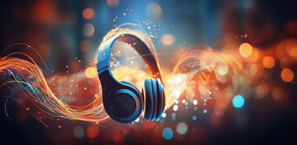 Hörlurar omgivna av digitala ljuseffekter – illustrerar STIM:s AI-licens för musik och hur AI-teknologi förändrar musikskaparnas upphovsrätt och ersättningsmodeller