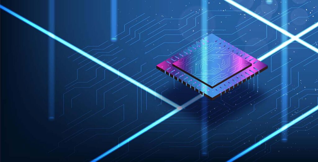 Illustration av ett avancerat AI-chip med kretskort mot blå bakgrund – symboliserar Nvidias GB200-processor för storskalig AI-beräkning