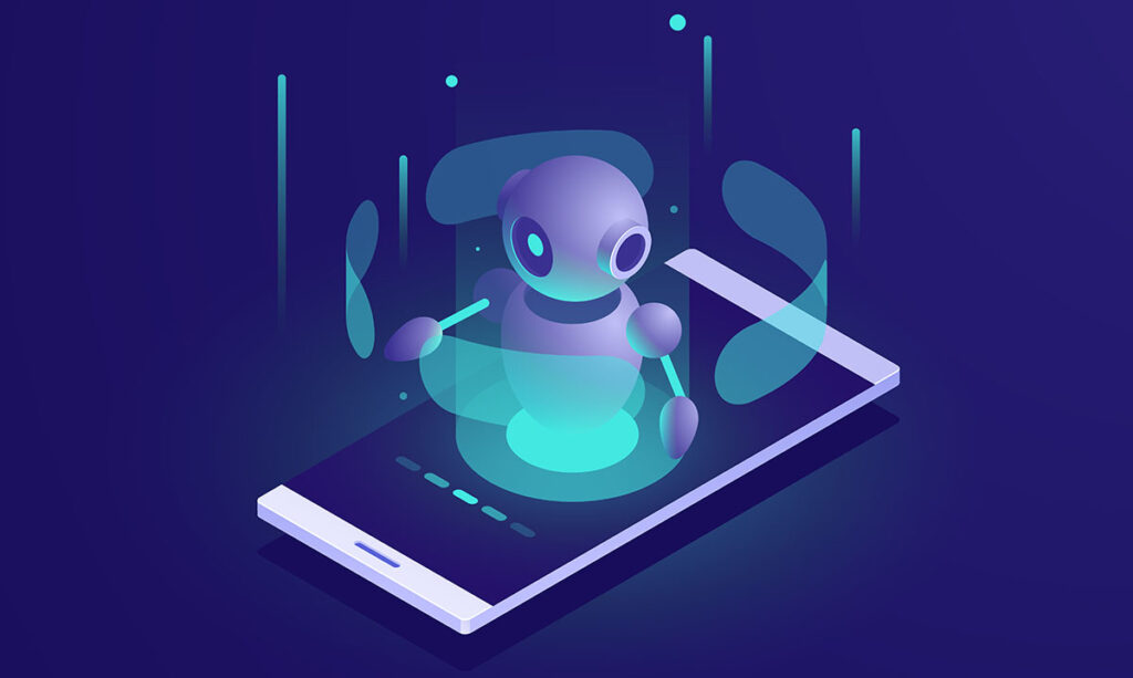 Illustration av en AI-chattbot på en mobilskärm med ett varningsmeddelande om att interaktionen sker med ett AI-system