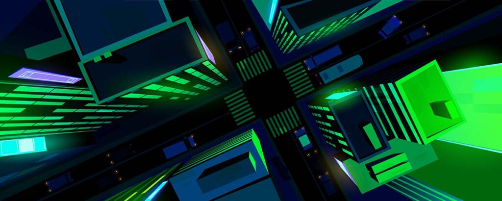 Abstrakt illustration av AI-datacenterinfrastruktur med gröna och blå neonljus som symboliserar avancerad beräkningskraft