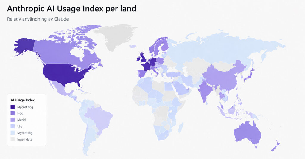 Världskarta som visar Anthropic AI Usage Index per land – illustrerar den ojämna geografiska fördelningen av Claude-användning publicerad i Anthropic Economic Index september 2025