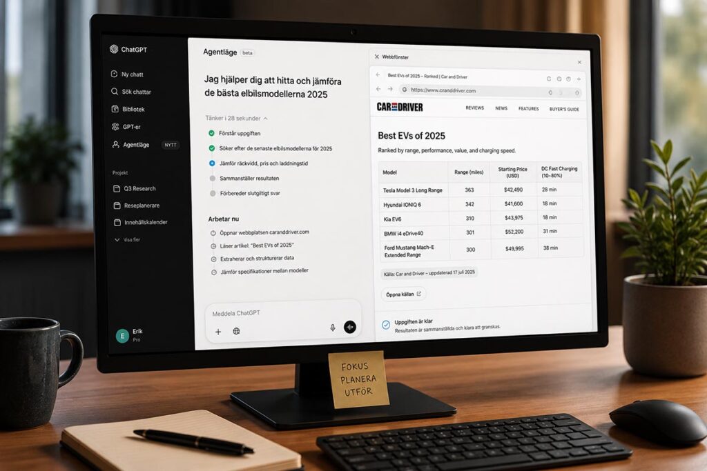 ChatGPT:s agentläge på en datorskärm som utför en webbuppgift – illustrerar OpenAI:s ChatGPT Agent lanserad 17 juli 2025