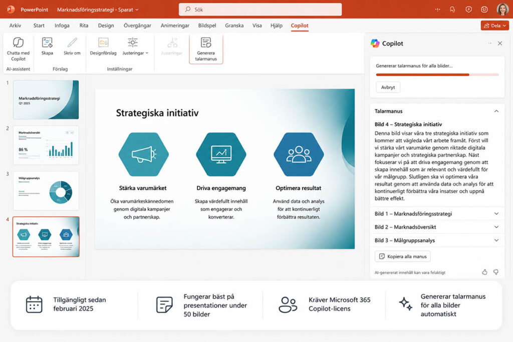 PowerPoint-presentation öppen på en laptop med Copilot-panelen och automatiskt genererat talarmanus – illustrerar funktionen för AI-genererade talarmanus i Microsoft 365 Copilot