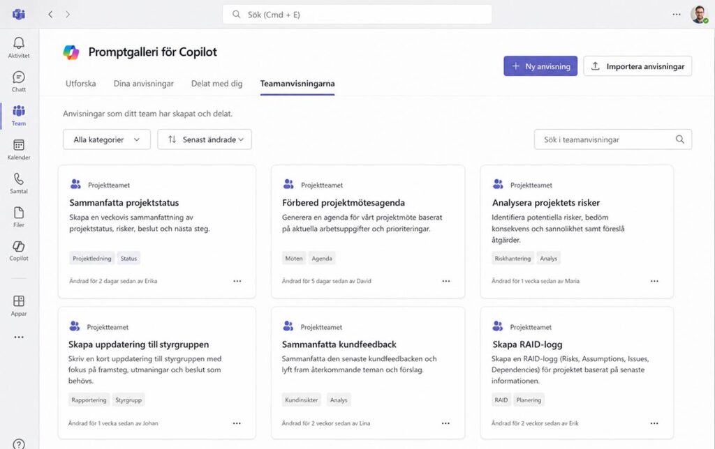 Promptgalleri för Copilot i Microsoft Teams visar fliken Teamanvisningarna med delade Copilot-prompter från projektteamet