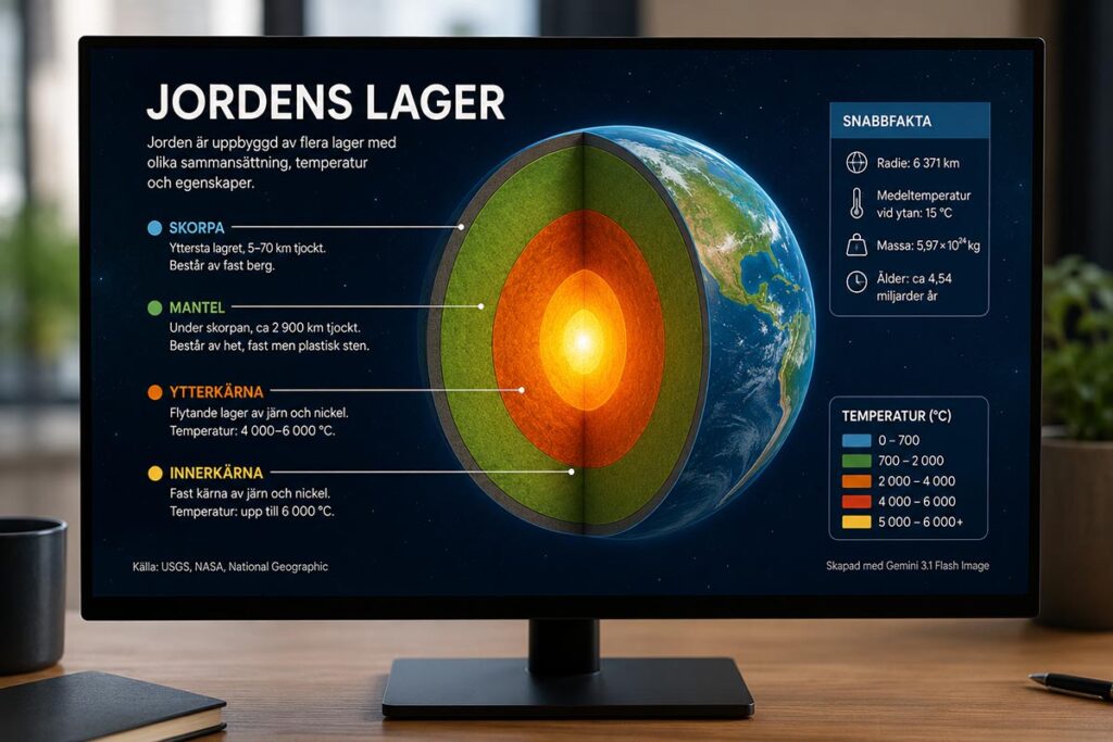 AI-genererad bild skapad med Gemini 3.1 Flash Image som visar en infografik om jordens lager – illustrerar modellens förmåga att kombinera faktabaserad kunskap med bildgenerering