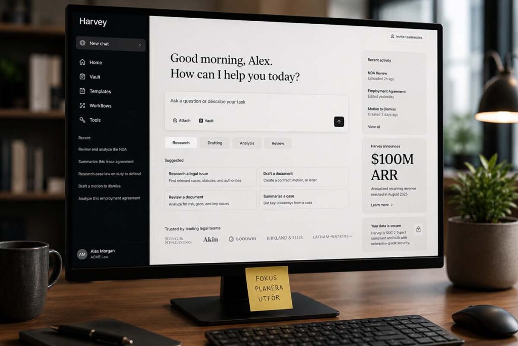 Harvey AI-plattformens gränssnitt på en datorskärm – juridisk AI-startup som nådde 100 miljoner dollar i annualiserad återkommande intäkt i augusti 2025