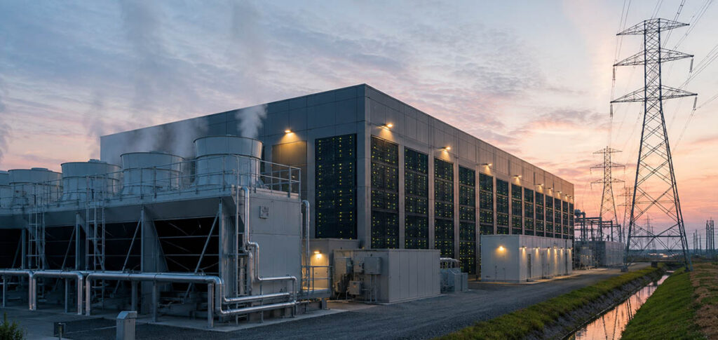Illustration av ett stort datacenter med kylsystem och strömledningar – symboliserar energiförbrukning och koldioxidavtryck från träning av stora AI-modeller som GPT-4