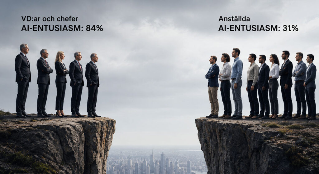 Två grupper av affärspersoner på varsin sida av ett gap – illustrerar klyftan mellan chefers och anställdas syn på AI-entusiasm enligt BCG och Columbia Business Schools studie 2025