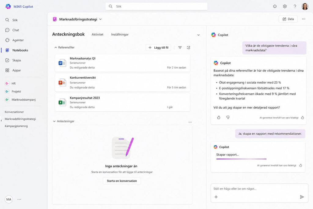 Skärmbild av Microsoft 365 Copilot Notebooks-gränssnitt med referensfiler och chattfunktion