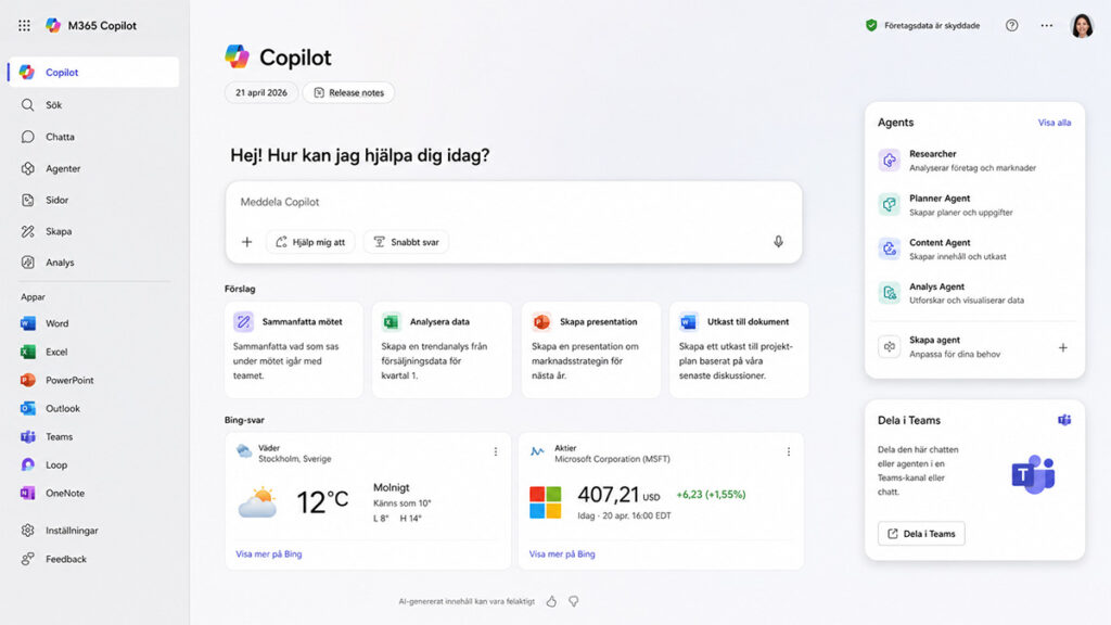 Microsoft 365 Copilot Chat med interaktiva Bing-svarskort för väder och aktiekurser – från release notes publicerade 21 april 2026