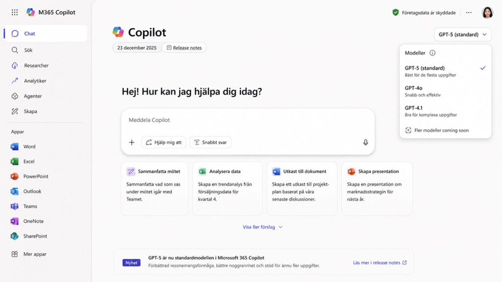 Microsoft 365 Copilot-gränssnittet med GPT-5-modellväljaren och den redesignade navigationspanelen – från release notes publicerade 23 december 2025