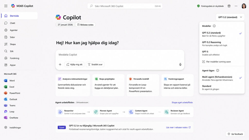 Microsoft 365 Copilot-gränssnittet med modellväljaren för GPT-5.2 och multi-agent-arbetsflöden – från release notes publicerade 27 januari 2026