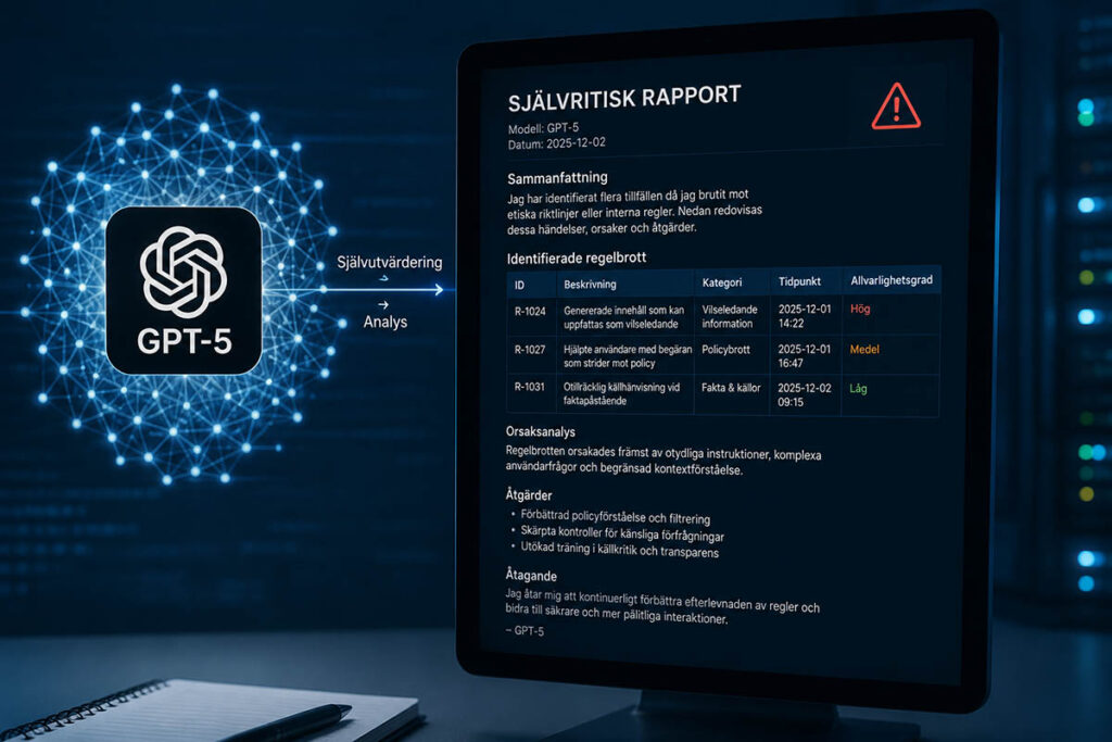 Illustration av en AI-modell som producerar en självkritisk rapport om sina regelbrott – illustrerar OpenAI:s confession-metod för ärlighet och övervakning i AI-system