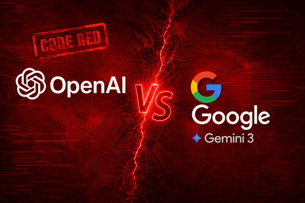 OpenAI- och Google-logotyperna mot en röd bakgrund – illustrerar konkurrensen om AI-dominansen efter att OpenAI utlyst "code red" i december 2025