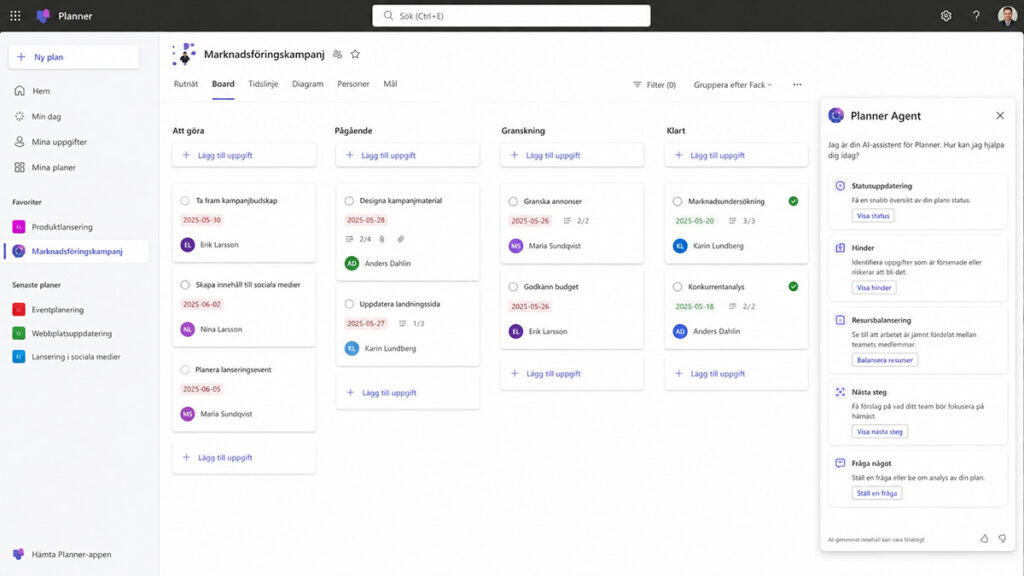 Microsoft Planner Board view med Planner Agent-kategorier – illustrerar hur AI-agenten hanterar och utför projektuppgifter i Microsoft 365