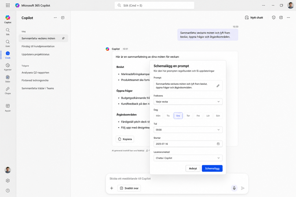Skärmbild av Microsoft 365 Copilot Chat med alternativet att schemalägga en prompt – illustrerar funktionen för schemalagda frågor i Microsoft 365 Copilot