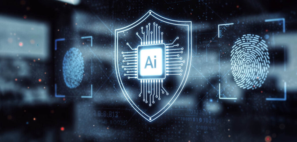 Digital sköld med AI-chip omgiven av fingeravtryck och biometrisk data – illustrerar EU AI Act och den svenska utredningen om AI-förordningens regler för biometri och tillsyn