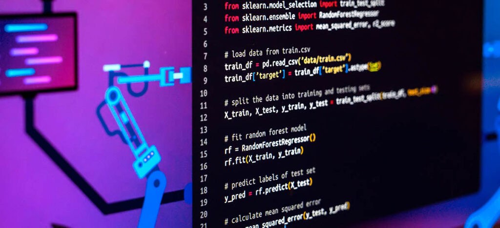 En robotarm bredvid en skärm med Python-kod – illustrerar AI-assisterad kodning med verktyg som Cursor och GitHub Copilot och frågan om de faktiskt ökar utvecklarnas produktivitet