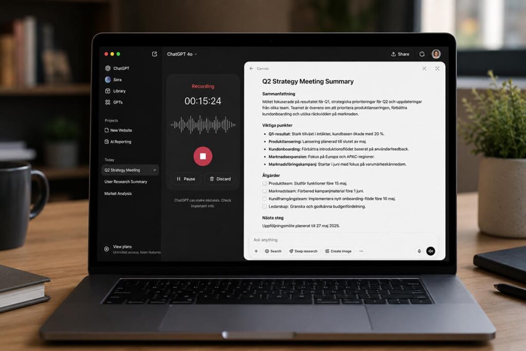 Skärmbild av ChatGPT Record mode-gränssnittet på en MacBook med en pågående ljudinspelning och en genererad mötessammanfattning som canvas