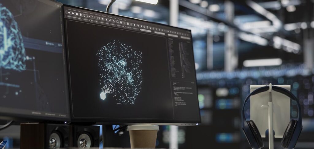 Datorskärm med AI-datavisualisering i serverrum – illustrerar hur AI-system crawlar och bearbetar webbinnehåll utan upphovsrättsligt tillstånd