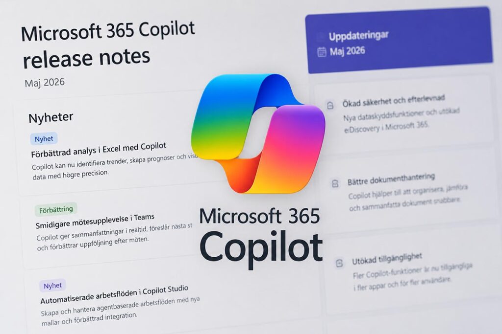 Microsoft 365 Copilot-logotypen mot en bakgrund av uppdateringsnoteringar – illustrerar de senaste release notes för Microsoft 365 Copilot publicerade maj 2026