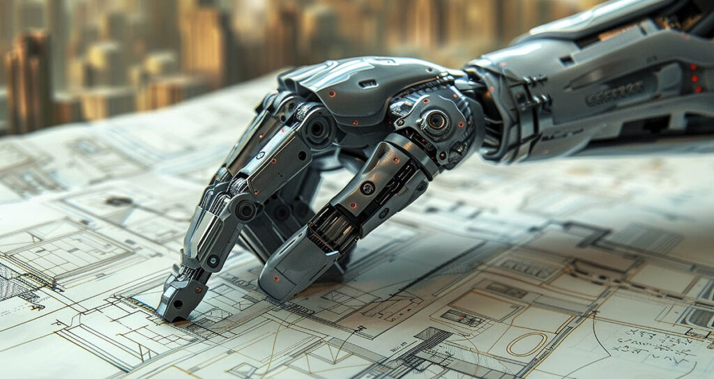 En robothand pekar på en ritning – illustrerar hur AI integreras i projektledning och förändrar projektprofessionellas arbetsmetoder enligt den globala undersökningen 2025