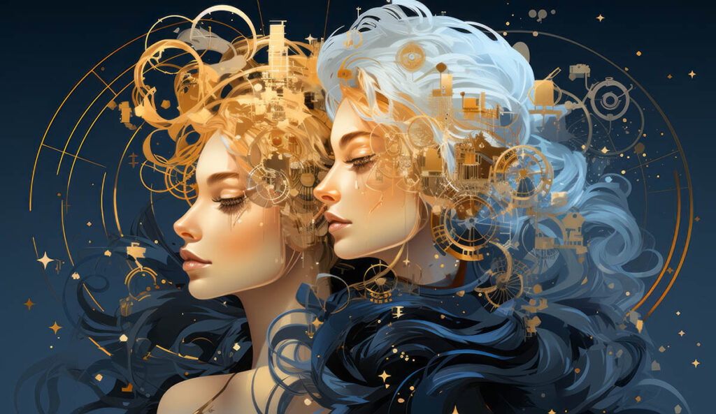 **`Illustration av två digitala avatarer med guldiga och silvriga AI-element i håret – symboliserar Gemini 3 Pro Images förmåga att skapa komplexa karaktärskompositioner med bibehållen visuell konsistens`**