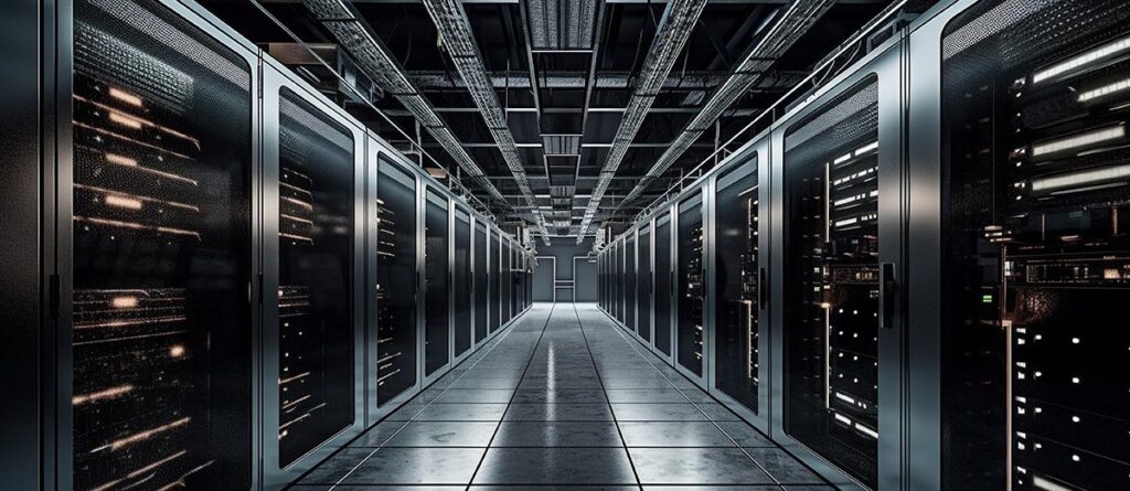 Lång korridor i ett modernt AI-datacenter med rader av serverskåp – illustrerar Microsofts datacenterexpansion och hållbarhetsutmaningar 2025